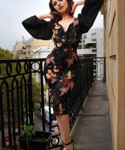 Laura Byrnes Design Clara Bishop Sleeve Wiggle Dress In Dark Bella Roses Stretch Crepe | Laura Byrnes