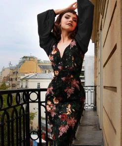 Laura Byrnes Design Clara Bishop Sleeve Wiggle Dress In Dark Bella Roses Stretch Crepe | Laura Byrnes