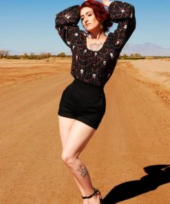 Pinupy Girl Store 15 LBHM Shop All In-Stock Items By Size Final Sale - Sylvie Long Sleeve Peasant Top In Halloween Skull Lace Print | Laura Byrnes & Hope Johnstun