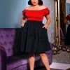 Shop All In-Stock Items By Size Petite Bella Vintage Gathered Swing Skirt In Solid Black Sateen | Pinup Couture