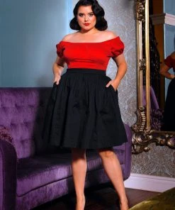Shop All In-Stock Items By Size Petite Bella Vintage Gathered Swing Skirt In Solid Black Sateen | Pinup Couture