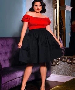 Shop All In-Stock Items By Size Petite Bella Vintage Gathered Swing Skirt In Solid Black Sateen | Pinup Couture