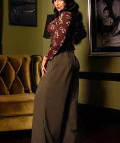 What's New, Pussycat? Dietrich Vintage Wide Leg Palazzo Pants In Olive Crepe 32