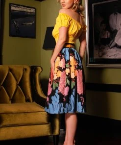 Pinup Couture Peasant Top In Yellow Stretch Cotton Sateen What's New, Pussycat?