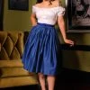 What's New, Pussycat? Bella Vintage Gathered Swing Skirt With Pockets In Solid Royal Blue Sateen | Pinup Couture