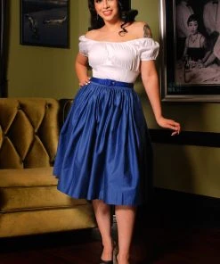 What's New, Pussycat? Bella Vintage Gathered Swing Skirt With Pockets In Solid Royal Blue Sateen | Pinup Couture