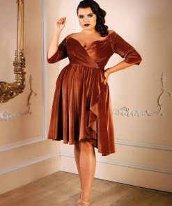 Laura Byrnes Design Shop All In-Stock Items By Size Final Sale - Monica Vintage Inspired Swing Dress In Rose Gold Velvet | Laura Byrnes