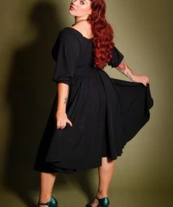 Final Sale - Marie-Thérèse Peasant Dress In Black Poly Crepe | Pinup Couture Shop All In-Stock Items By Size