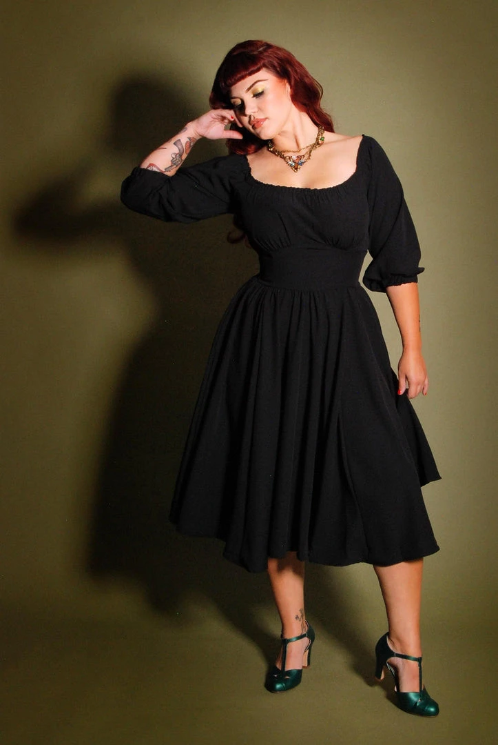 Final Sale - Marie-Thérèse Peasant Dress In Black Poly Crepe | Pinup Couture 3 Final Sale - Marie-Thérèse Peasant Dress In Black Poly Crepe | Pinup Couture