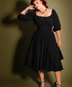 Final Sale - Marie-Thérèse Peasant Dress In Black Poly Crepe | Pinup Couture Shop All In-Stock Items By Size