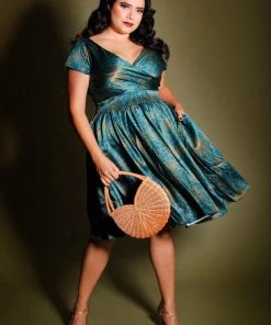 Laura Byrnes Design Shop All In-Stock Items By Size Final Sale - Ava Vintage Style Swing Cocktail Dress In Teal & Gold Spiderweb Satin | Laura Byrnes