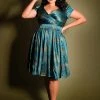 Laura Byrnes Design Final Sale - Ava Vintage Style Swing Cocktail Dress In Teal & Gold Spiderweb Satin | Laura Byrnes Shop All In-Stock Items By Size