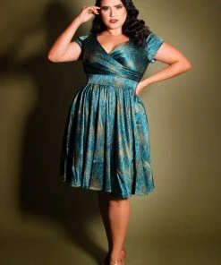 Laura Byrnes Design Shop All In-Stock Items By Size Final Sale - Ava Vintage Style Swing Cocktail Dress In Teal & Gold Spiderweb Satin | Laura Byrnes