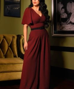 What's New, Pussycat? Viva Top Vintage 40's Inspired Flutter Sleeve Blouse In Garnet | Laura Byrnes Design