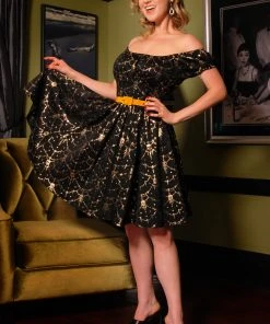 LBHM Peasant Dress In Gold Foil Skull Lace Ponte | Laura Byrnes & Hope Johnstun