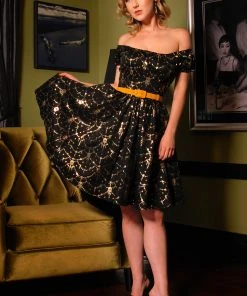 LBHM Peasant Dress In Gold Foil Skull Lace Ponte | Laura Byrnes & Hope Johnstun
