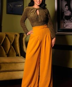What's New, Pussycat? Dietrich Vintage Wide Leg Palazzo Pants In Mustard Crepe 32" Inseam | Laura Byrnes Design