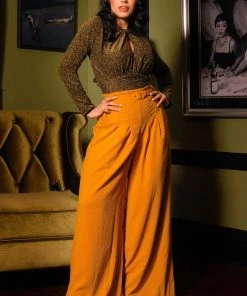 Dietrich Vintage Wide Leg Palazzo Pants In Mustard Crepe 30" Inseam | Laura Byrnes Design What's New, Pussycat?