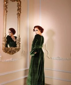 Laura Byrnes Design Final Sale - Bianca 70s Maxi Gown In Olive Green Stretch Velvet | Laura Byrnes Shop All In-Stock Items By Size