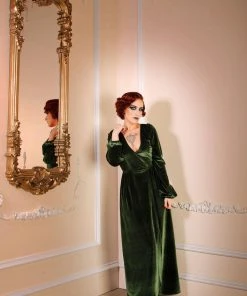 Laura Byrnes Design Final Sale - Bianca 70s Maxi Gown In Olive Green Stretch Velvet | Laura Byrnes Shop All In-Stock Items By Size