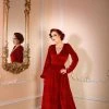 Laura Byrnes Design Shop All In-Stock Items By Size Final Sale - Bianca 70s V-Neck Maxi Gown In Cranberry Stretch Velvet | Laura Byrnes