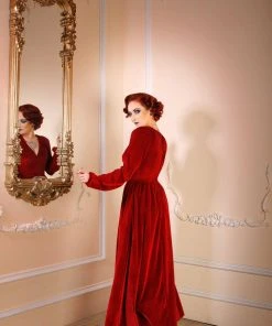 Laura Byrnes Design Shop All In-Stock Items By Size Final Sale - Bianca 70s V-Neck Maxi Gown In Cranberry Stretch Velvet | Laura Byrnes