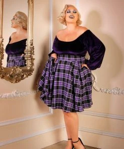 Pinupgirlclothing.com Final Sale - Little Jun Black And Purple Plaid Box Pleated Vintage Skirt Laura Byrnes