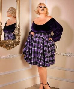 Pinup Girl Clothing Final Sale - Swann Long Sleeve Peasant Top In Purple Stretch Velvet | Pinup Couture