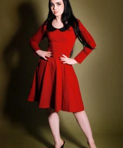 Final Sale - Madison Long Sleeve Dress In Oxblood Ponte With Black Contrast Collar | Pinup Couture