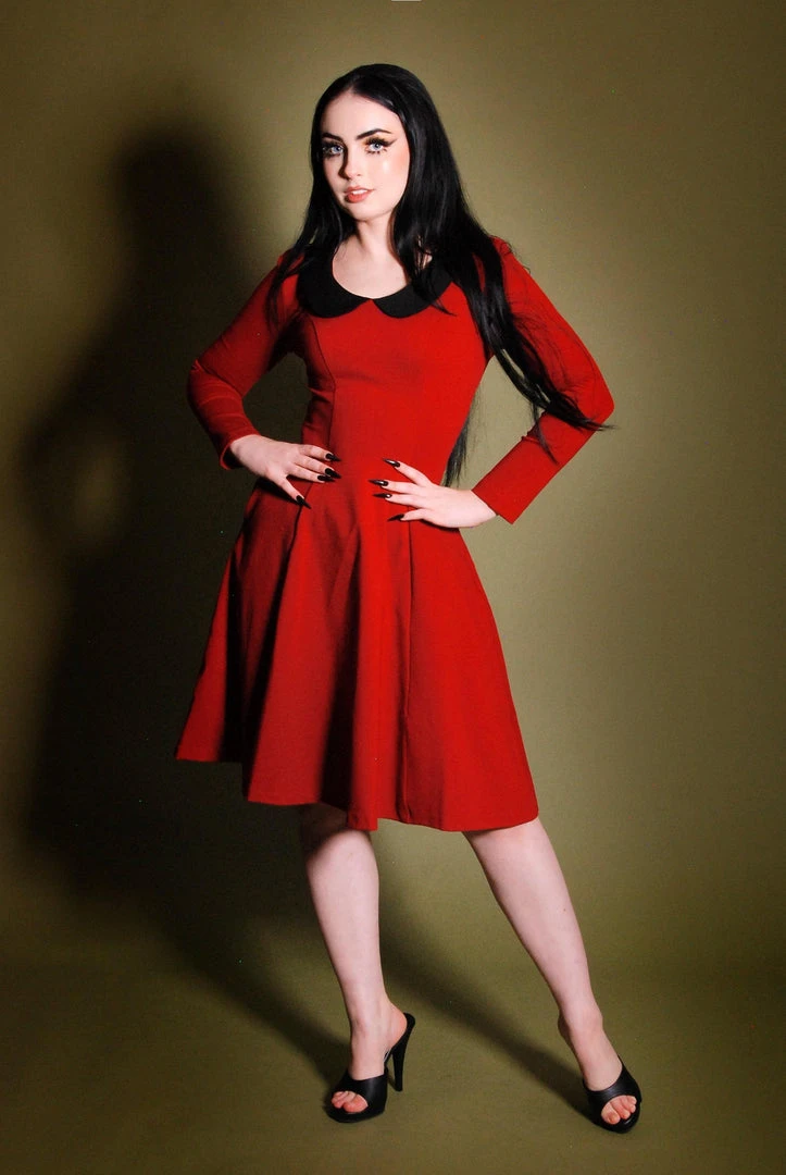 Final Sale - Madison Long Sleeve Dress In Oxblood Ponte With Black Contrast Collar | Pinup Couture 3 Final Sale - Madison Long Sleeve Dress In Oxblood Ponte With Black Contrast Collar | Pinup Couture