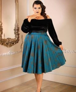 Final Sale - Doris Vintage Swing Skirt With Pockets In Teal Spiderweb Cotton Sateen | Pinup Couture