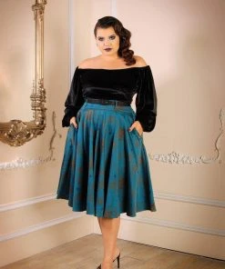 Pinup Girl Clothing Swann Long Sleeve Peasant Top In Black Stretch Velvet | Pinup Couture