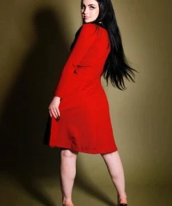 Final Sale - Madison Long Sleeve Dress In Oxblood Ponte With Black Contrast Collar | Pinup Couture