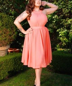Pinupgirlclothing.com Final Sale - Maybelle Gathered Swing Dress In Solid Peach | Laura Byrnes Shop All In-Stock Items By Size