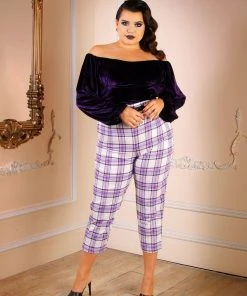 Pinup Girl Clothing Shop All In-Stock Items By Size Final Sale - Swann Long Sleeve Peasant Top In Purple Stretch Velvet | Pinup Couture