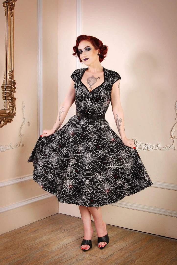 Pinupgirlclothing.com Shop All In-Stock Items By Size Final Sale - Heidi Vintage A-Line Dress In Black Widow Spiderweb Cotton Sateen | Pinup Couture 5 Pinupgirlclothing.com Shop All In-Stock Items By Size Final Sale - Heidi Vintage A-Line Dress In Black Widow Spiderweb Cotton Sateen | Pinup Couture