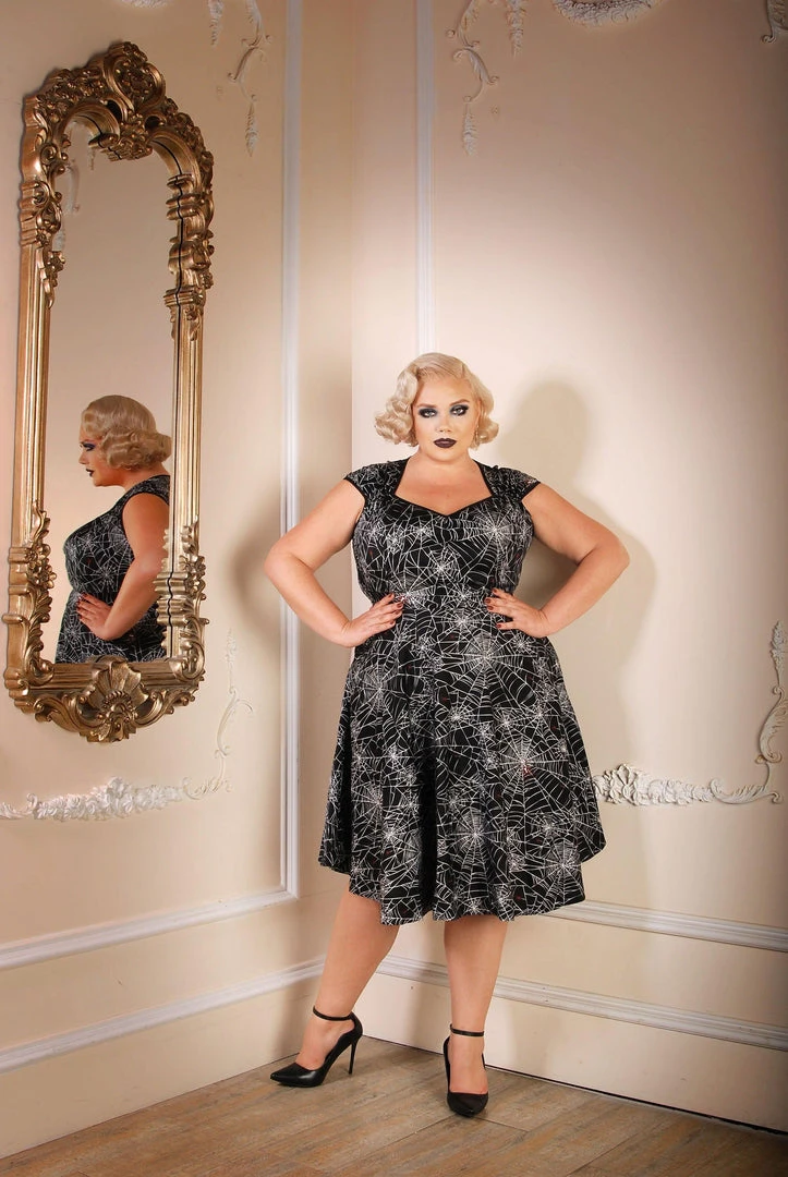 Pinupgirlclothing.com Final Sale - Heidi Vintage A-Line Dress In Black Widow Spiderweb Cotton Sateen | Pinup Couture 3 Pinupgirlclothing.com Final Sale - Heidi Vintage A-Line Dress In Black Widow Spiderweb Cotton Sateen | Pinup Couture