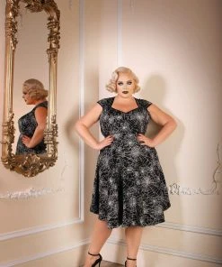 Pinupgirlclothing.com Shop All In-Stock Items By Size Final Sale - Heidi Vintage A-Line Dress In Black Widow Spiderweb Cotton Sateen | Pinup Couture