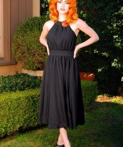 Pinupgirlclothing.com Maybelle Gathered Swing Dress In Solid Black | Laura Byrnes