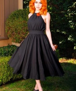 Pinupgirlclothing.com Maybelle Gathered Swing Dress In Solid Black | Laura Byrnes