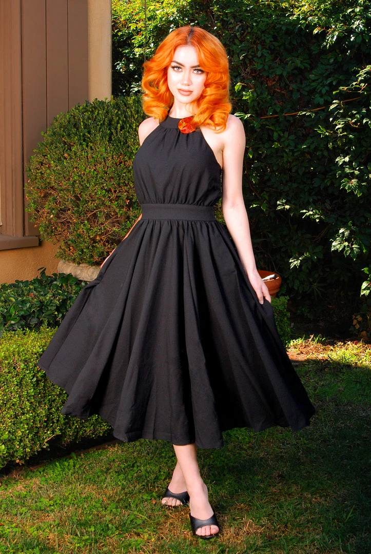 Pinupgirlclothing.com Maybelle Gathered Swing Dress In Solid Black | Laura Byrnes 3 Pinupgirlclothing.com Maybelle Gathered Swing Dress In Solid Black | Laura Byrnes