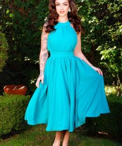 Pinupgirlclothing.com Final Sale - Maybelle Gathered Swing Dress In Solid Jade | Laura Byrnes Shop All In-Stock Items By Size