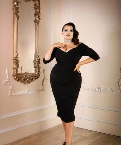 Laura Byrnes Design Monica Vintage Gathered Wiggle Cocktail Dress In Solid Black | Laura Byrnes California Shop All In-Stock Items By Size