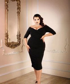 Laura Byrnes Design Monica Vintage Gathered Wiggle Cocktail Dress In Solid Black | Laura Byrnes California