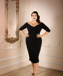 Laura Byrnes Design Monica Vintage Gathered Wiggle Cocktail Dress In Solid Black | Laura Byrnes California