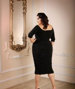 Laura Byrnes Design Monica Vintage Gathered Wiggle Cocktail Dress In Solid Black | Laura Byrnes California Shop All In-Stock Items By Size