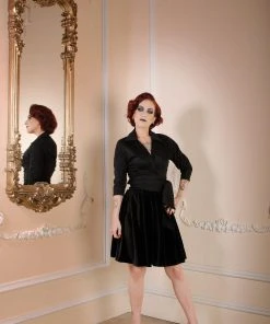 Couture For Every Body Final Sale - Vintage 3/4 Sleeve Wrap Top In Solid Black Cotton Sateen | Pinup Couture