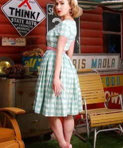 LBHM Final Sale - The Gena Vintage Day Dress In Sage Green Gingham Cotton Sateen | Laura Byrnes & Hope Morrison