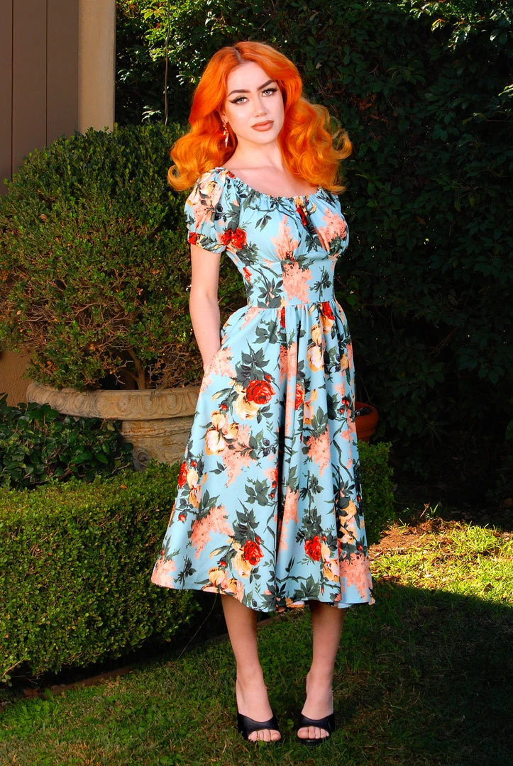 Marie-Thérèse Short Sleeved Peasant Dress In Sherbet Bella Roses Twill | Pinup Couture What's New, Pussycat? 8 Marie-Thérèse Short Sleeved Peasant Dress In Sherbet Bella Roses Twill | Pinup Couture What's New, Pussycat?