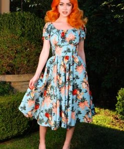 Marie-Thérèse Short Sleeved Peasant Dress In Sherbet Bella Roses Twill | Pinup Couture What's New, Pussycat? 12 Marie-Thérèse Short Sleeved Peasant Dress In Sherbet Bella Roses Twill | Pinup Couture What's New, Pussycat?